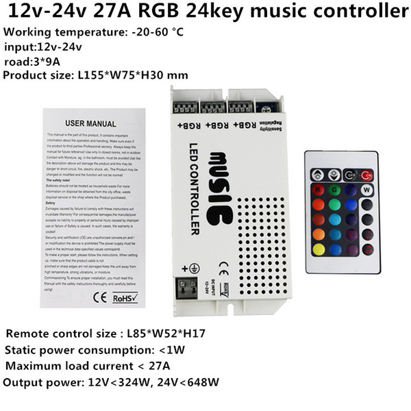 DC12v-24V Music Sound LED Controller with 3 Channels 9A 24key IR Remote Control for 5050 3528 5630 RGB LED Strip Light