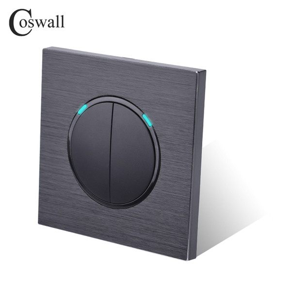 Coswall Luxurious 2 Gang 2 Way Random Click Push Button Wall Light Switch With LED Indicator dark Black Aluminum Panel