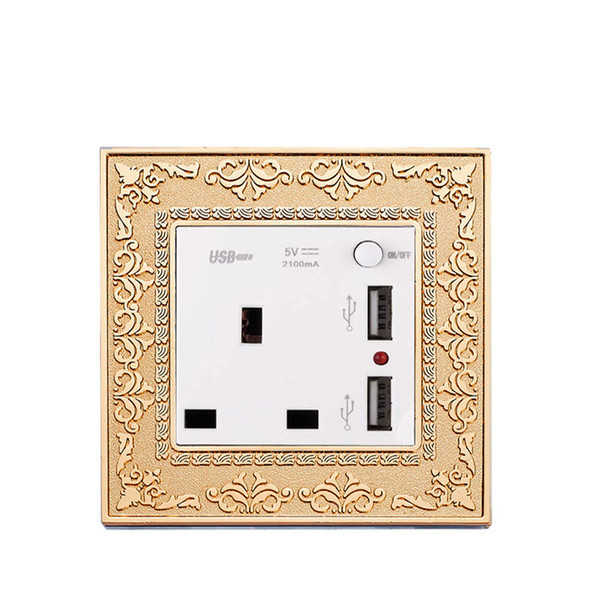 UK standard Gold color 13A 3 Pin wall socket and double USB socket