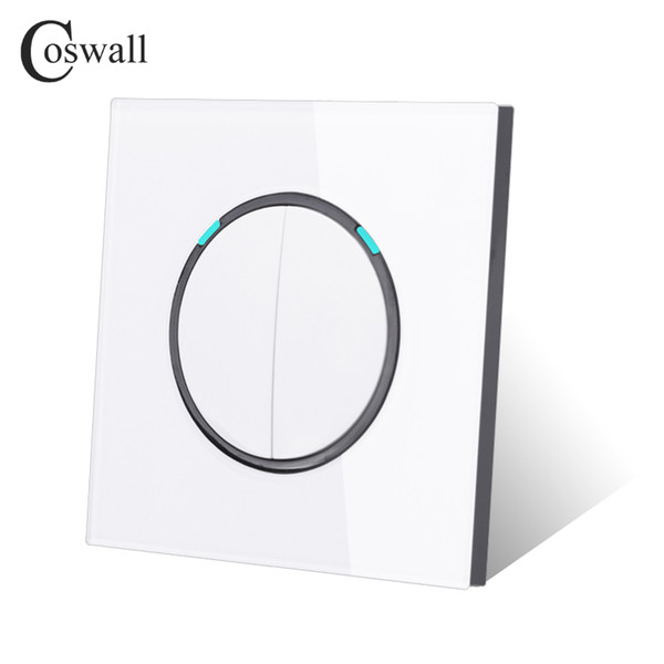 Coswall Crystal Glass Panel 2 Gang 2 Way Push Button Random Click White Wall Light Switch With LED Indicator