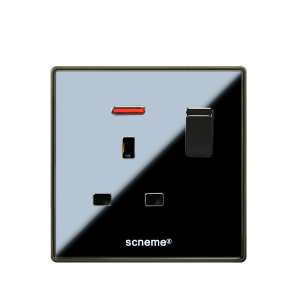 UK Standard 1 Gang Push Button Wall Switch With 13A 3Pin Socket , Black Acrylic Panel outlet