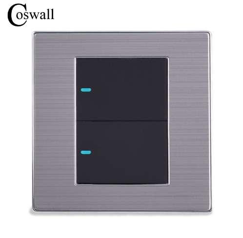 Coswall 2 Gang 1 Way Luxury LED Light Switch Push Button Wall Switch Interruptor Brushed Silver Panel 10A AC 110~250V