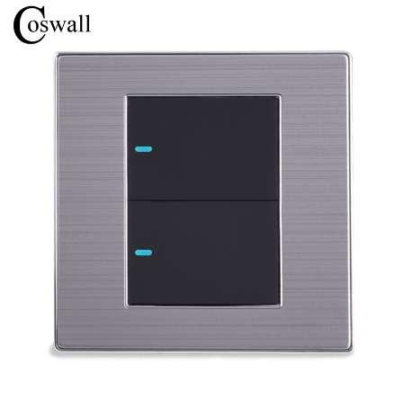 Coswall 2 Gang 2 Way Luxury LED Light Switch Push Button Wall Switch Interruptor Brushed Silver Panel 10A AC