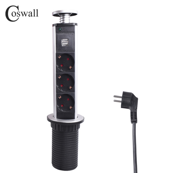 COSWALL 16A PULL POP UP 3 Power Socket 2 USB Charging Port Kitchen Table Desktop Sockets Retractable Countertops Worktop EU Plug