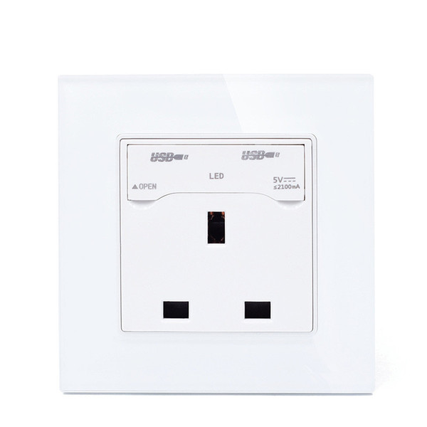 2100mA Double USB socket and 3 pin UK standard 13A wall socket with glass panel white color outlet