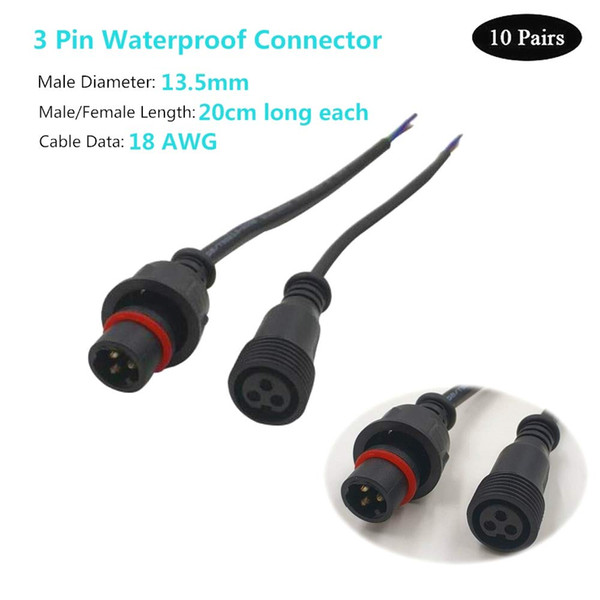 3 Core BLACK Waterproof pigtail,20cm long each;male and female;male connector's diameter:13.5mm/18.5mm outdoor