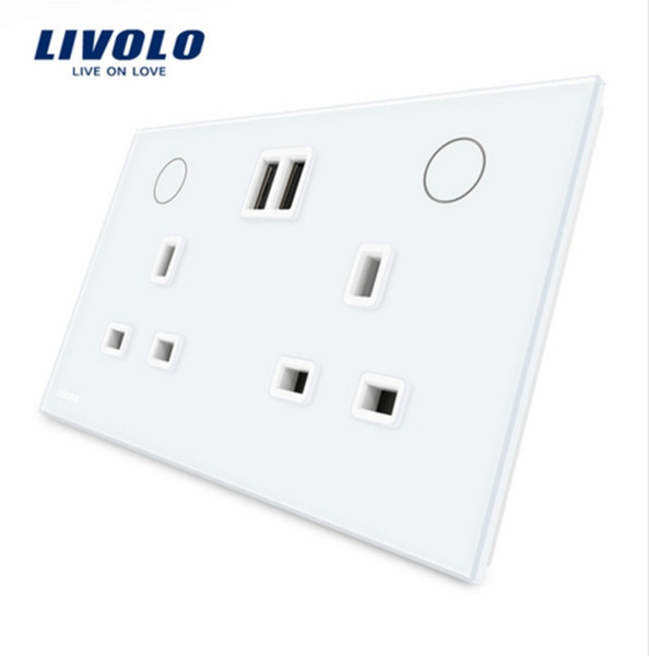 Livolo Manufacturer UK Standard Wall Power Socket+2USB, White Crystal Glass Panel, 13A Wall Outlet, VL-W2C2UKU-11/12