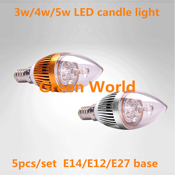 5pcs/set 3w 4w 5w high power led candle light E14/E27/E12/B22 silver/gold hause base C.T:2700K - 6400k,110lm/w,Epistar chip 3 year warranty