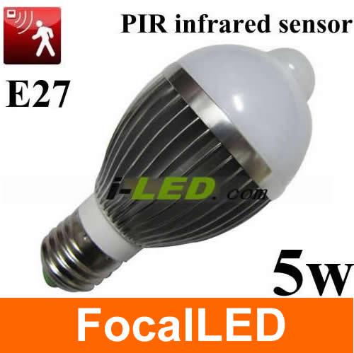 6pcs/lot PIR infrared motion sensor & light sensor led bulb 5w 55lm E27 LED bulb lamp CE&ROHS Free shipping