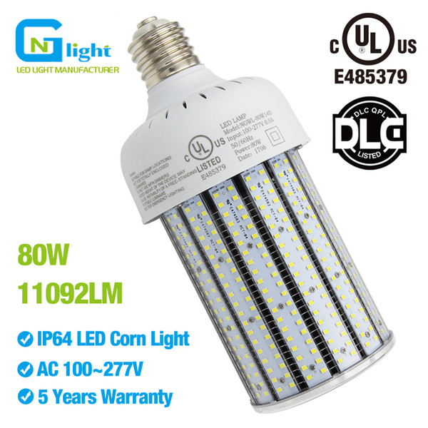 80 Watt High Bay LED Corn Retrofit Lamp for 250W HID, Mogul E39 Base, 100-277Vac, PC Cover 6000K Cool White Gymnasium Warehouse Light