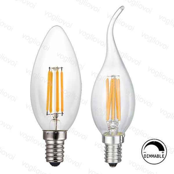 In stock Dimmable LED Filament C35 Candle Light Bulb 2W 4W 6W E14 Led Bulbs Light High Bright Clear Glass Led Lamp DHL