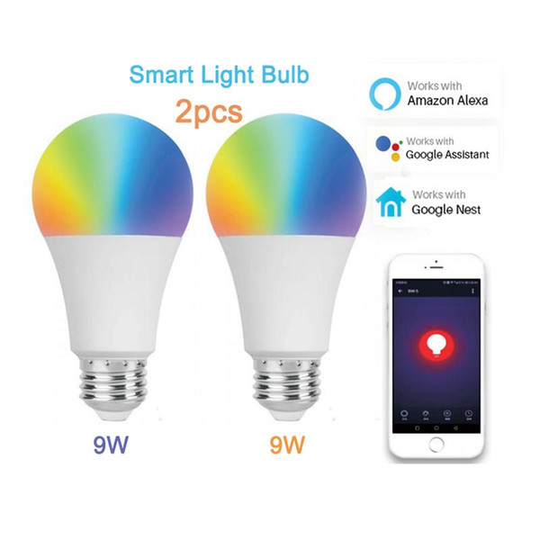 2-packs Wifi E27 Smart LED Light Bulb Works with Amazon Alexa Google home voice control Dimmable Multicolored 9W RGBW smart illumination