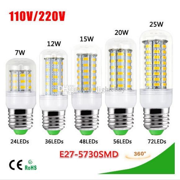 Free shipping 7W 12W 15W 20W 25W E27 LED Corn Bulb 220V SMD5730 LED lamp Spotlight 24LED 36LEDs,48LEDs,56LEDs,69LEDs For light led bulb