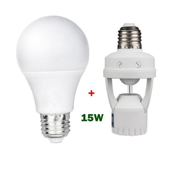 Super Bright 15W 220V E27 Led Bulb Lamp + Lamp Base Holder PIR Motion Sensor with light Control Switch Bulb Socket Adapter