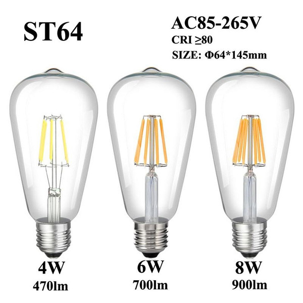 E27 E26 LED Filament Bulb 4W/6W/8W 110V 220V 240V ST64 Clear Glass Vintage Edison Lamp Bulb For Retro Pendant Chandelier Fixture