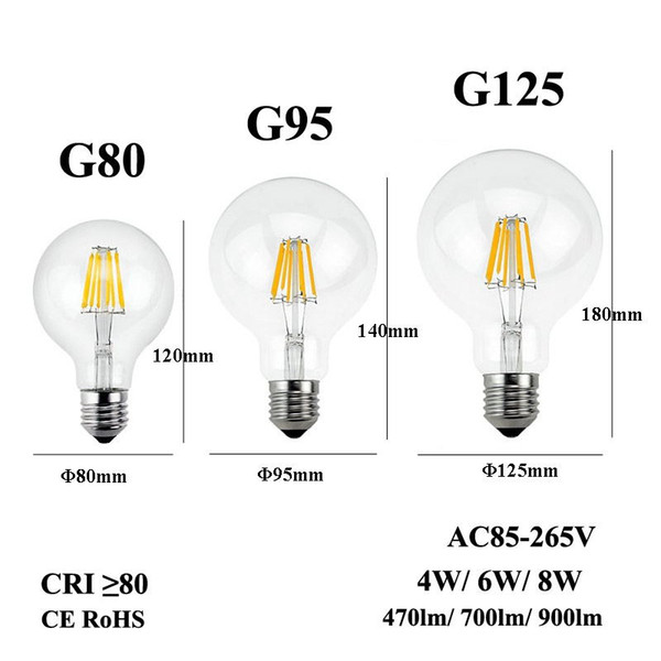 E26 E27 LED Filament Bulb 110/220/240V Edison Candle Light G80 G95 G125 Clear Glass Lamp for Retro Pendant Chandelier Fixture