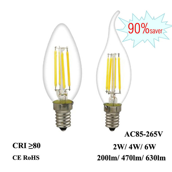 LED Filament Bulb E12 E14 2W 4W 6W Edison Candle Light 110V 220V 240V C35 360°Clear Glass Lamp for Crystal Pendant Chandelier Fixture