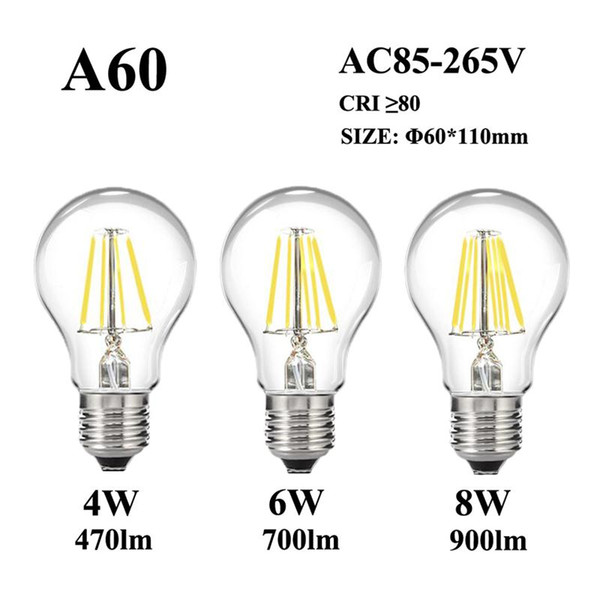 E27 E26 LED Filament Bulb 4W/6W/8W 110V/220V 240V A60 Glass Classic Vintage Edison Lamp Light for Retro Pendant Chandelier Fixture