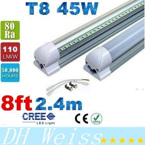 8ft Led Tubes Light T8 2.4m Integrated 45W Led Lights Tubes 4800lm 2400mm Led Fluorescent Tube AC 85-265V