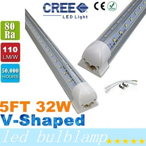 T8 5FT 32W V-Shaped Led Tube Light Double Glow 1.5m Integration For Cooler Door Led Lights Tubes AC 110-277V Transparent Cover