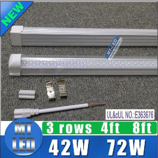 Factory custom LED tube light+base 3 row integrated T8 4FT 42W 8FT 72W SMD 2835 2.4m 8feet lamps AC85-265V 7200lm led tubes lighting+ce rohs