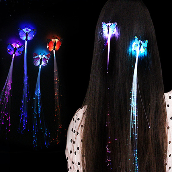 LED Hair Colorful changable Butterfly Hair Girl LED Fiber Optic Light Pigtail Wig Braids free shipping via DHL