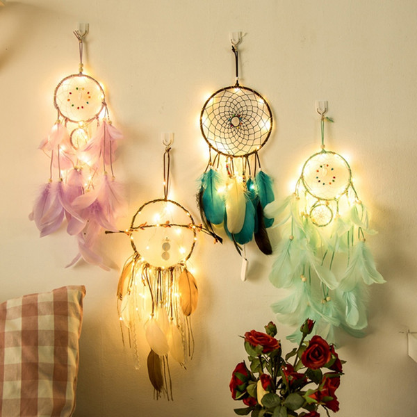 20 lamp Dream Catcher Net Led Stars String Lights DIY Wind Chimes Natural Feathers Wall Hanging Decor DreamCatcher lamp string