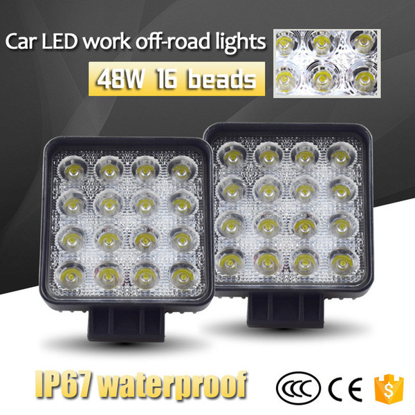 2pcs/Lot White 48W LED Work Light Offroad Car 4WD Truck Tractor Boat Trailer 16x3W ATV SUV 12V 24V Flood 4.2'' Headlight