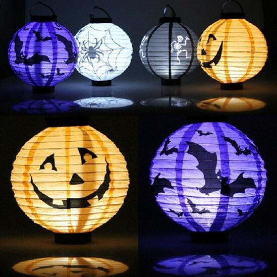 LED Paper Pumpkin Spider Bat Hanging Lantern Light Lamp Halloween Party Decor Skull Pattern Decoration Battery Bulbs Ballons Lamps for Kids
