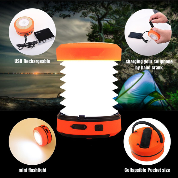 LED Camping Lantern USB Rechargeable Mini Flashlight Torch Light Lamp Collapsible Hand Crank Hiking Light Emergency Cell Phone Charger