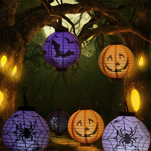 New Hot Portable Hanging Paper Lantern Lamp Halloween Party Decoration Lanterns Skull Bones Bat Spider Pumpkin LED Light