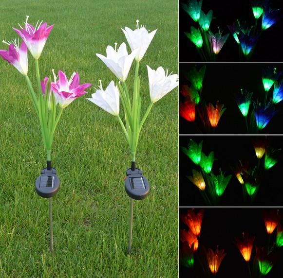 Outdoor Solar Garden Stake Lights-2 Pack Solar Powered Lights with 8 Lily Flower.Multi-color Changing LED, Patio Stake Lights for Garden