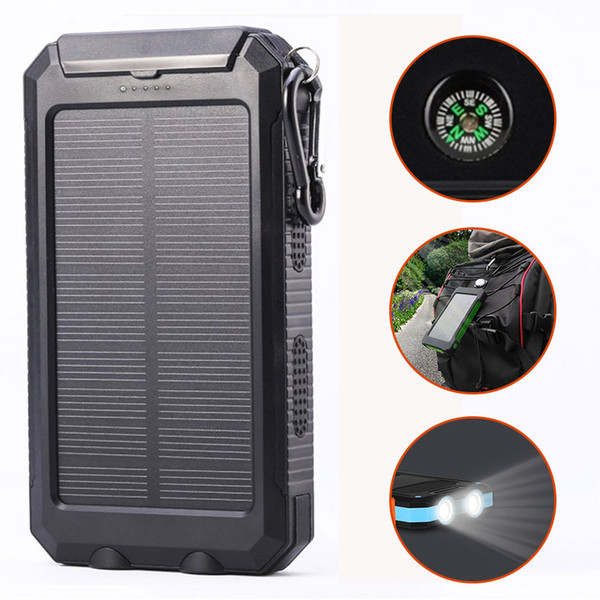 USB 10000mAh Waterproof Solar Power Bank Portable Charger Outdoor Travel Enternal Battery DC5V. LED Light Compass