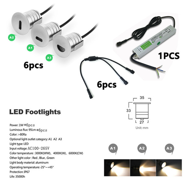 6pcs/set 1W led Ground Footlight Wall Plinth Recessed stair step light waterproof Ip 67 Night lamp Porch Lamps with IP67 CE drivers