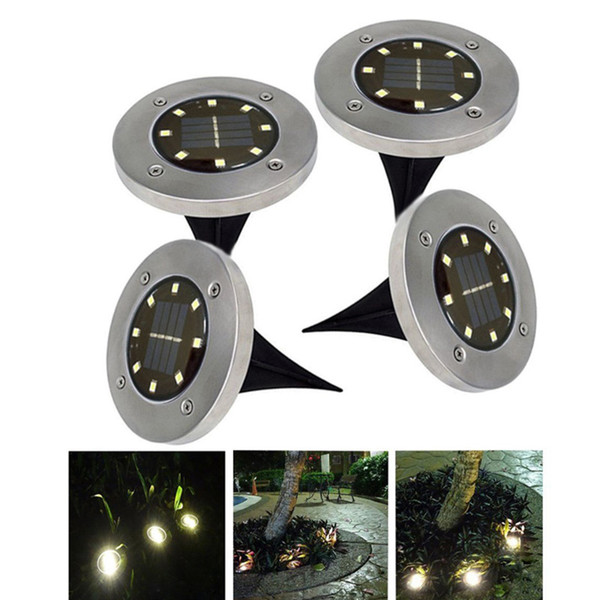 Stainless Steel Super Bright 8 LED Solar Inground Lights Solar Powered Disk Lights Water Resistant For Lawns Gardens Walkways Stairs