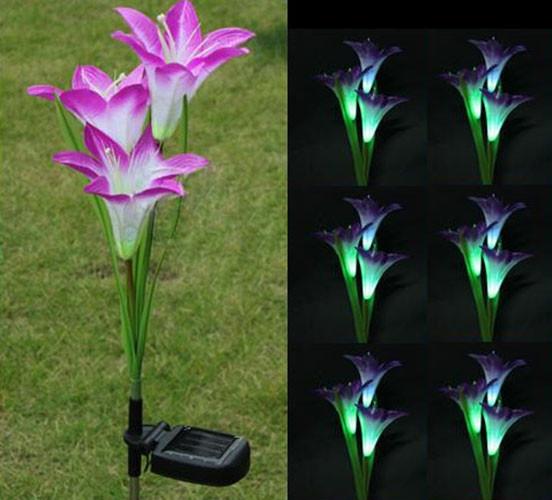 New Fashion Lily Solar Powered 3 LED Purple Color Flower Garden Path Light Lawn Lamp Bulb Free Shipping, dandys