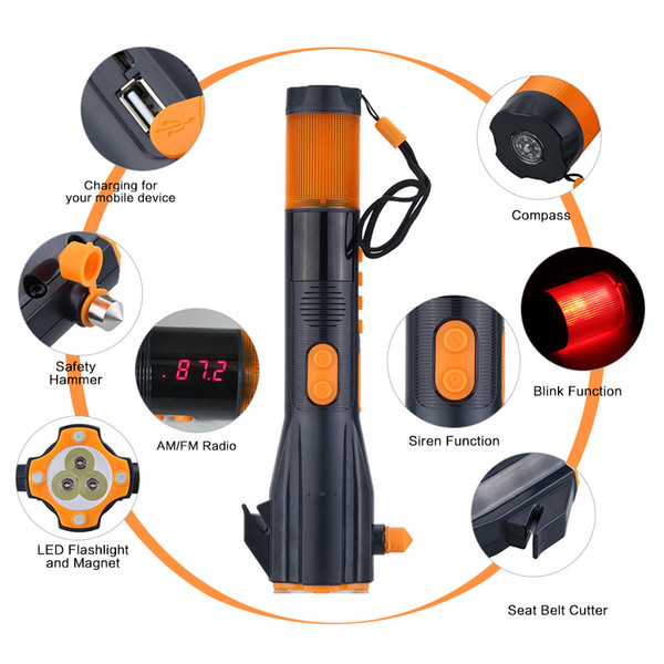 Hot 9 in 1 Multi-functional Emergency Flashlight+Mobile charger/alarm/radio/compass/Rain-proof/belt cutting for Car/Home/Camping Safety tool