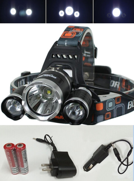 LED Headlamps 3 Cree T6 XM-L 5000LM for Outdoor Fishing Camping Waterproof Torch Flashlight with 18650 Rechargeable Battery Chargers DHL