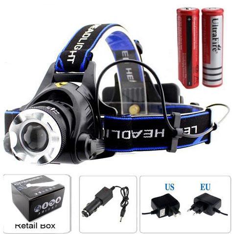 2000 Lumens CREE XM-L XML T6 LED Headlamp Headlight Flashlight Head Lamp Light + 2*18650 battery + charger + Car Charger(V9 T6)