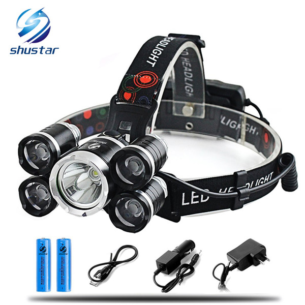 15000Lm T6 5 LED Headlight Headlamp Head Lamp Light 4 mode torch 2x18650 battery Car charger for fishing