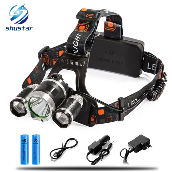 Rechargeable Headlight 13000Lm xm-T6 3Led HeadLamp head light Fishing Lamp Hunting Lantern +2x 18650 battery +Car/AC/USB Charger