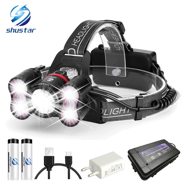 5 LEDS super bright LED headlamp 10000 lumens led headlighr 4 switch modes fishing lamp Waterproof headlight +2x 18650 batteries