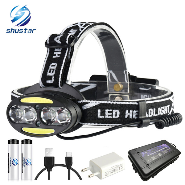 Super bright LED headlamp 4 x T6 + 2 x COB + 2 x Red LED 15000 lumens led headlight 7 lighting modes with batteries charger