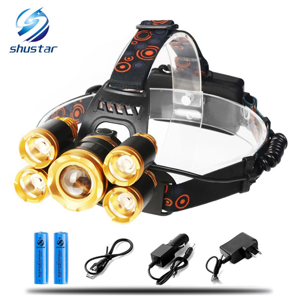 Rechargeable LED Headlamp Super Bright 5 LED 15000 Lumens Zoomable Waterproof Headlamps Headlight for Cycling Running