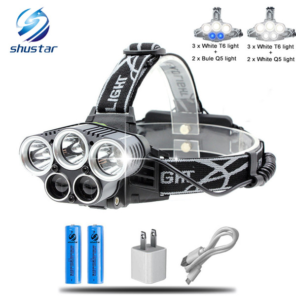 Blue light white USB 5 led headlamp head lamp headlight T6 Q5 15000 lumens powerful led flashlight head torch lamp