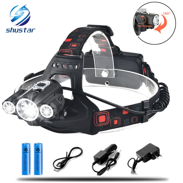 LED Head Lamp 3x T6 3 Lamps 4 Dimmable Mode Waterproof 10000LM LED Flashlight Fishing light Car-charger Rechargeable Battery