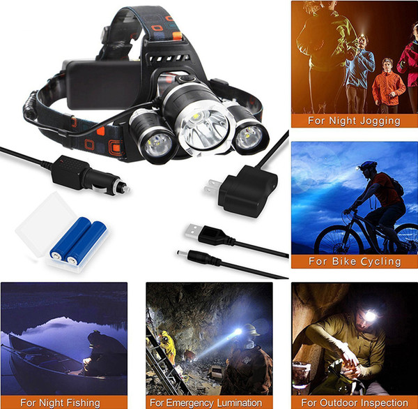 Rechargeable Headlight 8000Lm XM-T6 3Led HeadLamp head light Fishing Lamp Hunting Lantern +2x 18650 battery +Car/AC/USB Charger