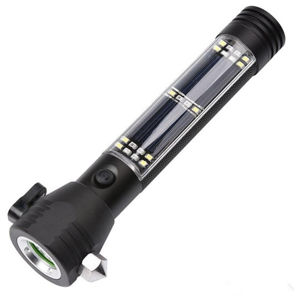 Multi-functional LED Solar Flashlight USB Rechargeable Portable Torch Lights with Warning Light Cutting Knife/Safety Hammer/Magnet/Compass