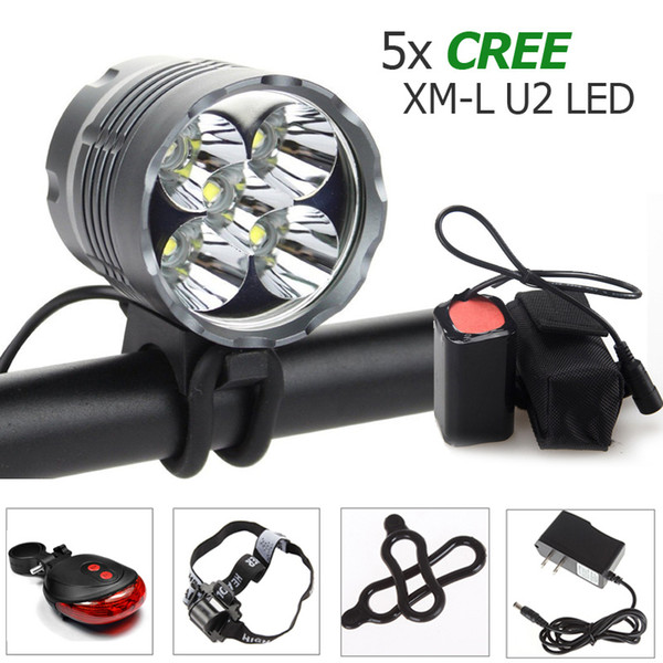 Waterproof 8000Lm 5 x CREE XM-L U2 LED Front Bicycle Light Bike Headlamp Lamp Headlight+ 2 Laser 5 LED Rear Light BLL_00S