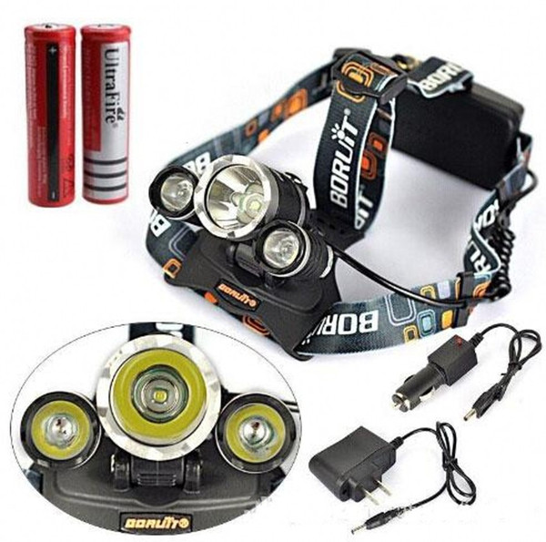 wholesale 5000 Lumen T6+2R5 Boruit Head Light Headlamp Outdoor Light Head Lamp HeadLight Rechargeable by 2x 18650 Battery Fishing Camping